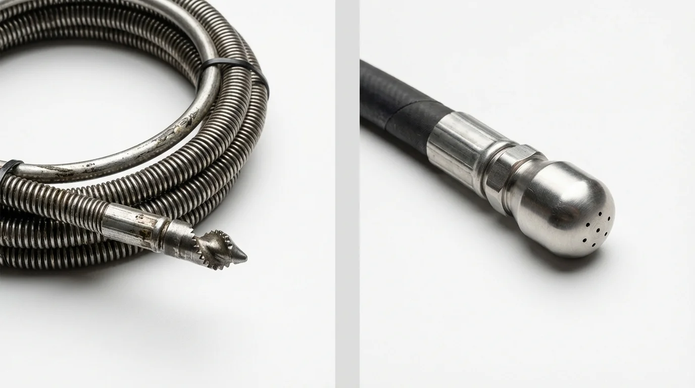 Drain snake cable and hydro jetting nozzle used for drain cleaning in Rockford, IL