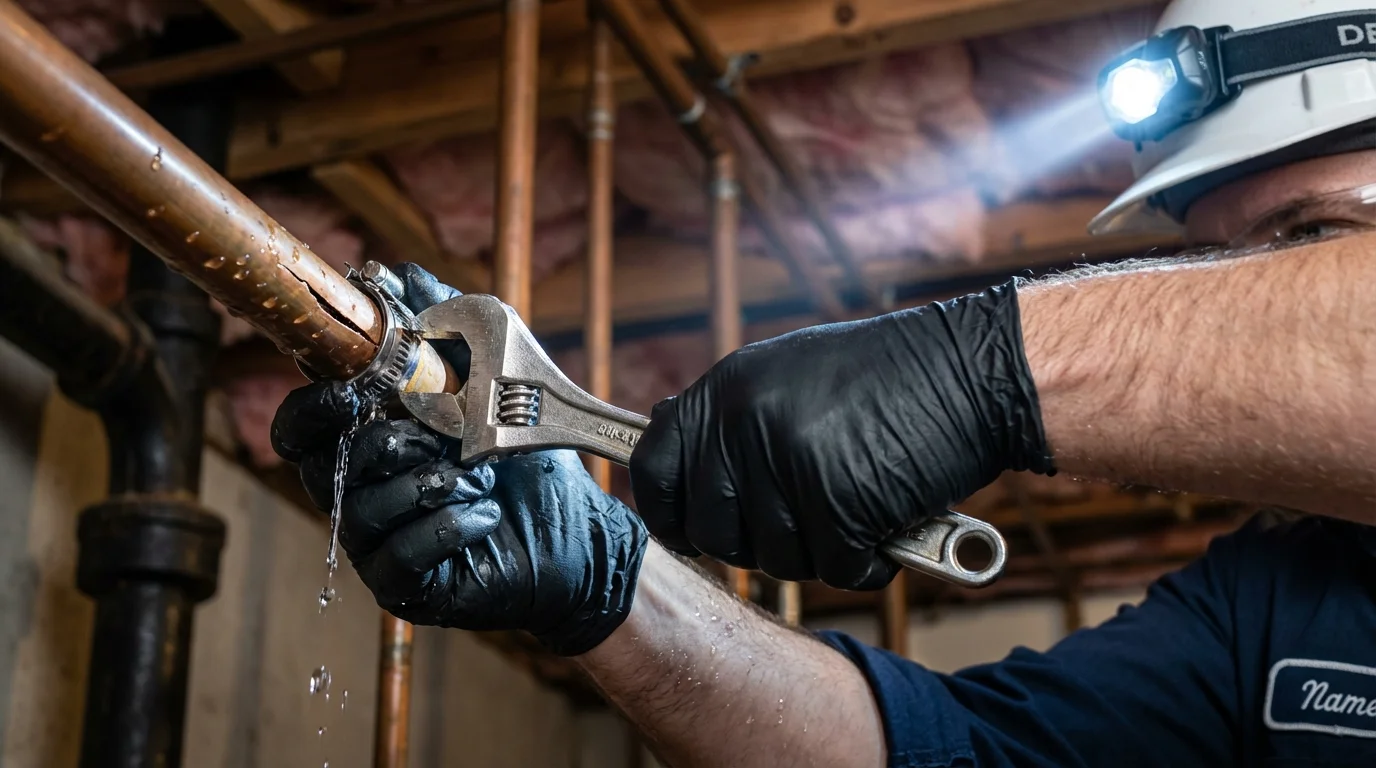 Emergency pipe clamp repair being performed by a Johns Plumbing LLC plumber in Rockford