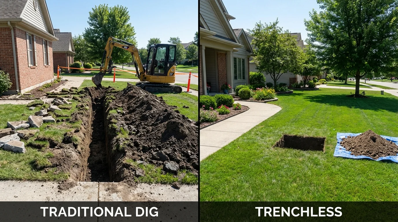 Trenchless sewer repair with minimal yard damage versus traditional excavation in Rockford, IL