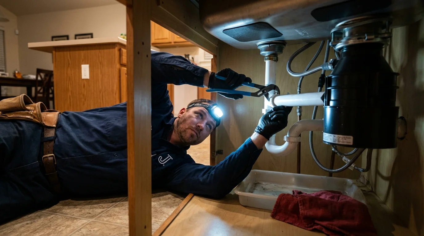 P-trap and supply line connections under a kitchen sink showing a common leak point in Rockford, IL